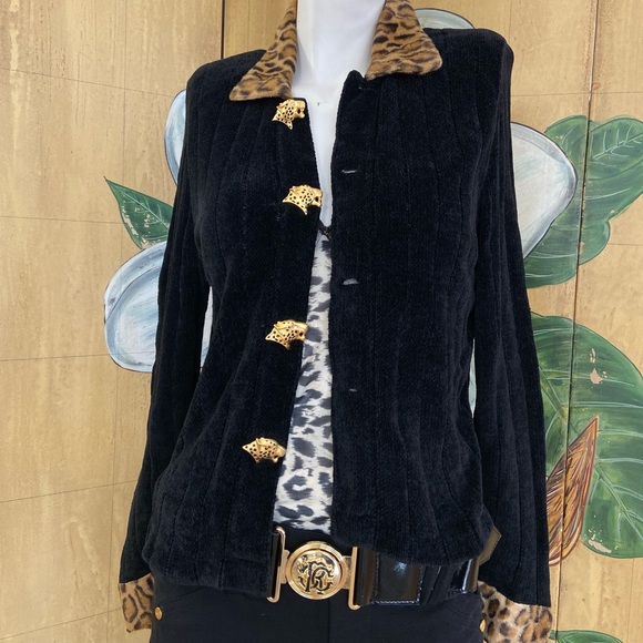 Vintage Carole Wang 1990’s chenille sweater animal print collar cheetah buttons - Picture 1 of 10